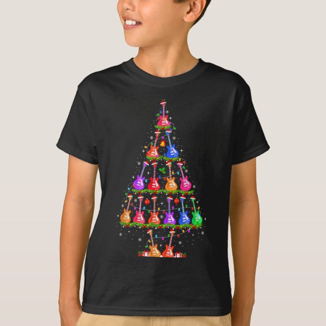 T-shirt Guitar Christmas Tree Lights Funny Xmas Pajamas Gu (Devant)