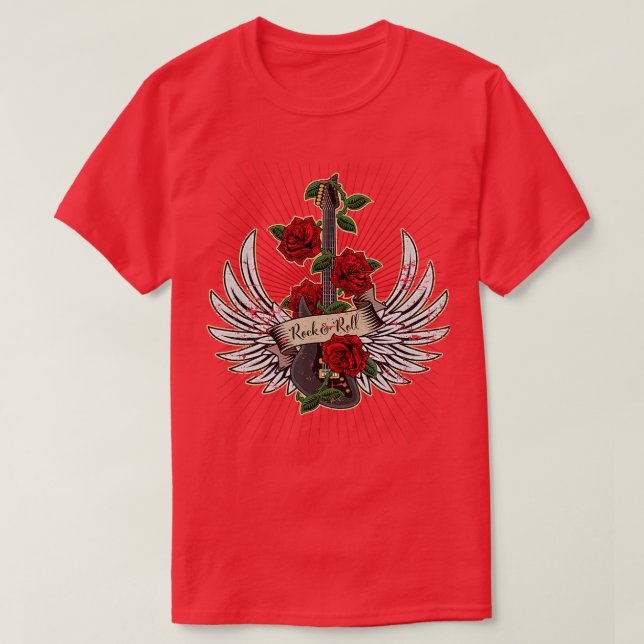 T-shirt Guitar Wings Rose Distressed Rock and Roll Music (Design devant)