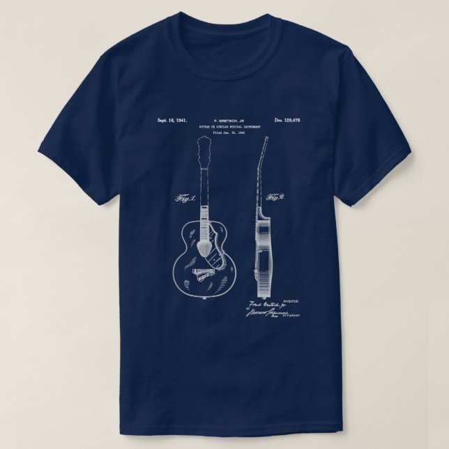 T-shirt Guitare accoustique brevet al Guitare Art Plan (Design devant)
