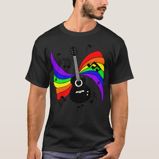 T-shirt Guitare avec arc-en-ciel et notes musicales rétro (Devant)