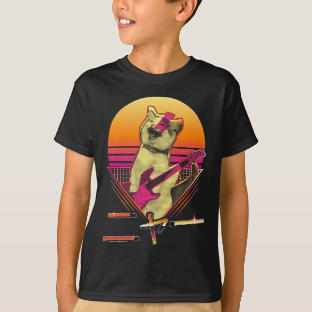 T-shirt Guitare électrique japonaise Vaporwave jouant Cat  (Devant)