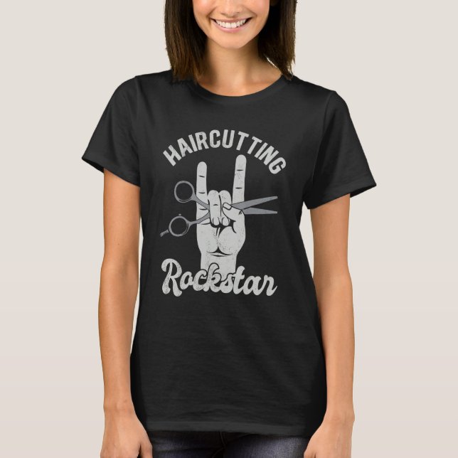 T-shirt Haircutting rockstar, funny hairdresser scissors,  (Devant)