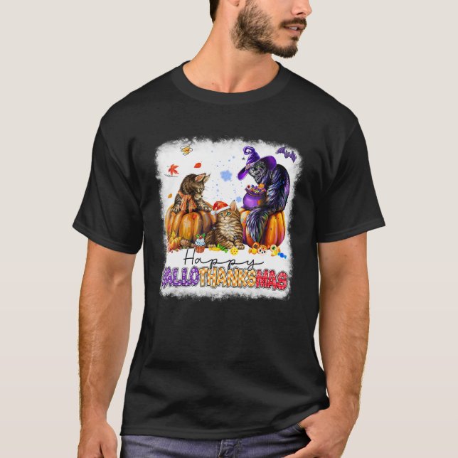 T-shirt Hallothanksmas Chats Citrouille Halloween Thanksgi (Devant)