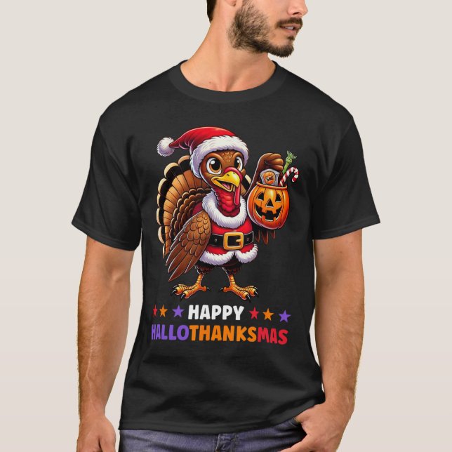 T-shirt Hallothanksmas Halloween Thanksgiving Noël F (Devant)