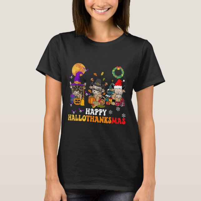 T-shirt Hallothanksmas Highland Cow Halloween Christmas Th (Devant)