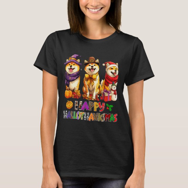 T-shirt Hallothanksmas Shiba Dogs Halloween Christmas Pump (Devant)