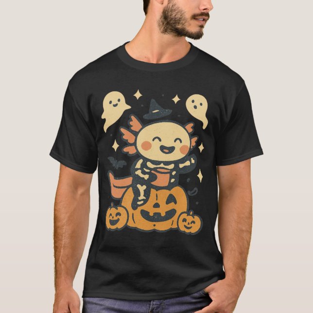 T-shirt Halloween Axolotl Skeleton Cute Kawaii Ghost Kids (Devant)