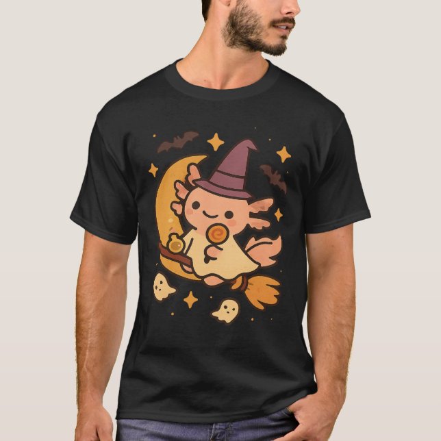 T-shirt Halloween Axolotl Witch Broom Kawaii Ghost Pumpkin (Devant)