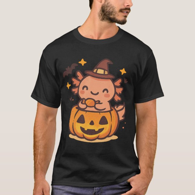 T-shirt Halloween Axolotl Witch Cute Kawaii Ghost Pumpkin  (Devant)