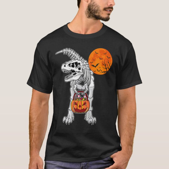 T-shirt Halloween Boys Dinosaur Skeleton Rex Scary Pumpkin (Devant)