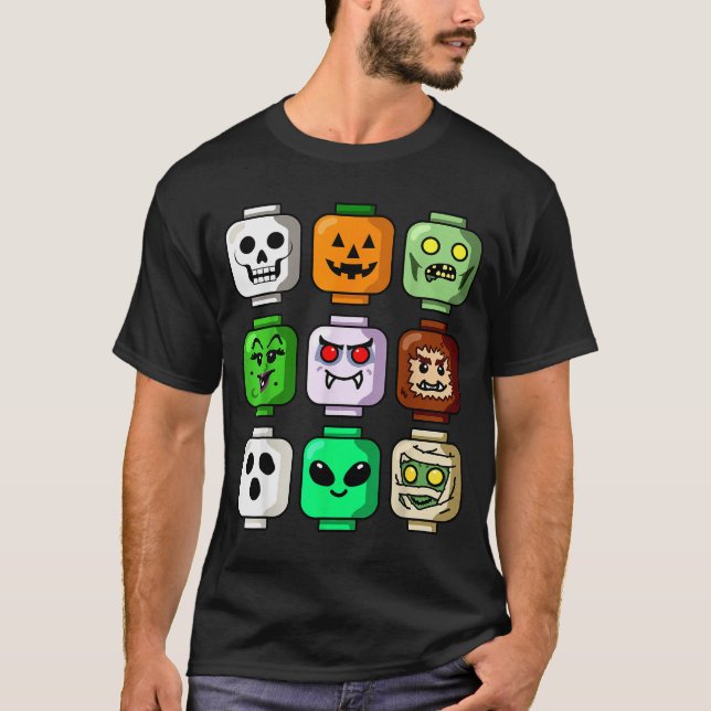 T-shirt Halloween Building Brick Head Pumpkin Ghost Zombie (Devant)