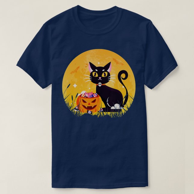 T-shirt Halloween Candy Chat noir Citrouille d'horreur sur (Design devant)