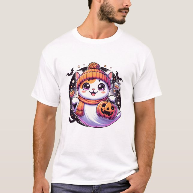 T-shirt Halloween cat Ghost Pumpkin Fall (Devant)
