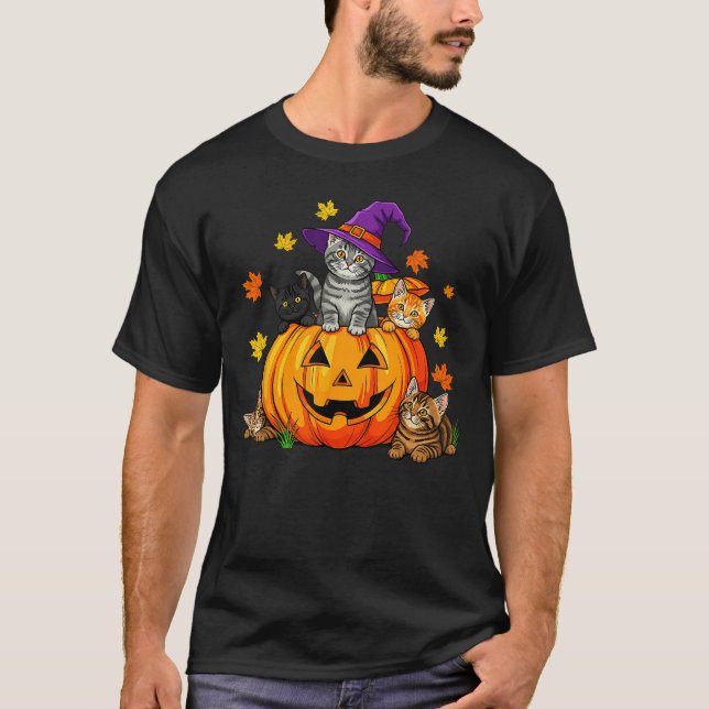 T-shirt Halloween Cat Pumpkin Spooky Season Men Women Cute (Devant)