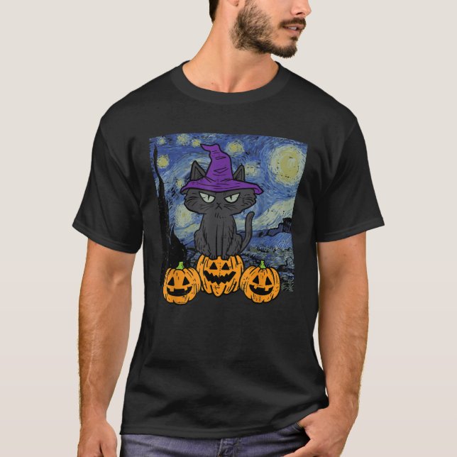 T-shirt Halloween Cat Starry Night Costume Art Gogh Women  (Devant)