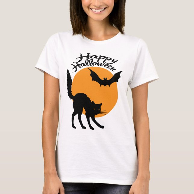 T-shirt Halloween chat noir et chauve-souris avec lune, ha (Devant)