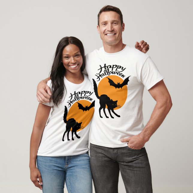 T-shirt Halloween chat noir et chauve-souris avec lune, ha (Unisexe)