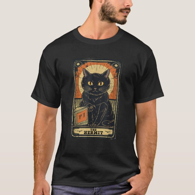 T-shirt Halloween Chat noir Le Hermite Tarot Card Reader W (Devant)