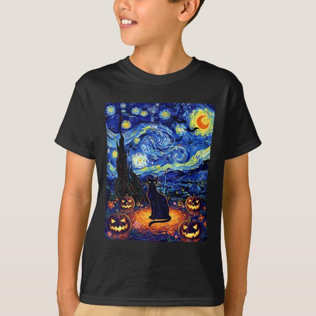 T-shirt Halloween Chat noir Van Gogh Starry Chat de nuit (Devant)