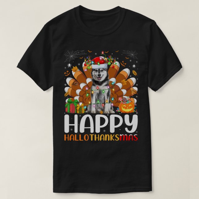 T-shirt Halloween Chien Husky Sibérien Noël Happy Hallo (Design devant)
