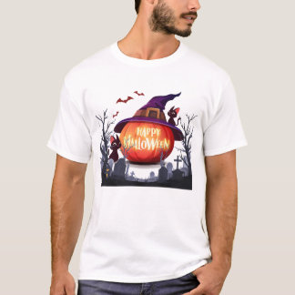 T-shirt Halloween-Citrouille, sorcière Casquette et chats