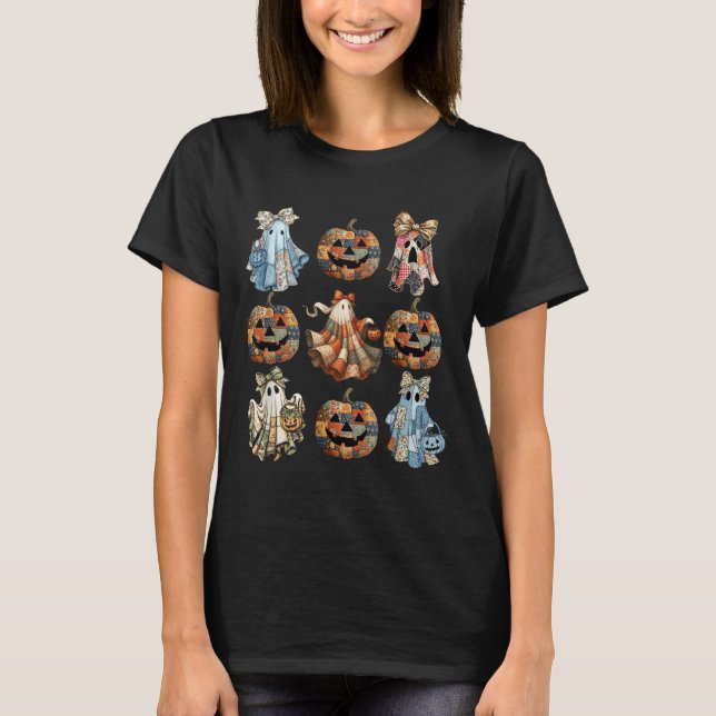 T-shirt Halloween Coquette Bow Citrouille Ghost Patchwork  (Devant)