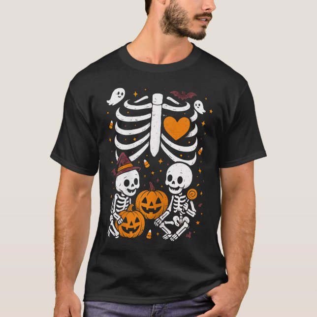 T-shirt Halloween Costume Pregnant Woman Twins Pumpkin Rib (Devant)