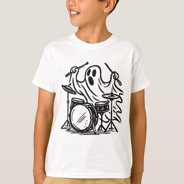T-shirt Halloween Éffrayant bot fantôme Jouer des tambours (Devant)