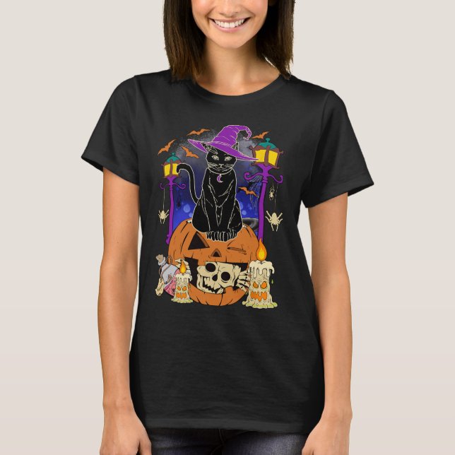 T-shirt Halloween Femmes Hommes Enfants Halloween Chat Noi (Devant)