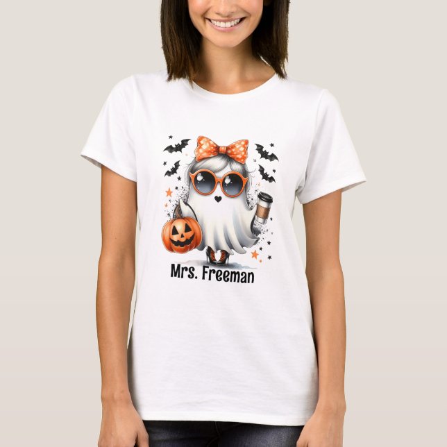 T-shirt Halloween Fille Fantôme avec Café et Citrouille (Devant)