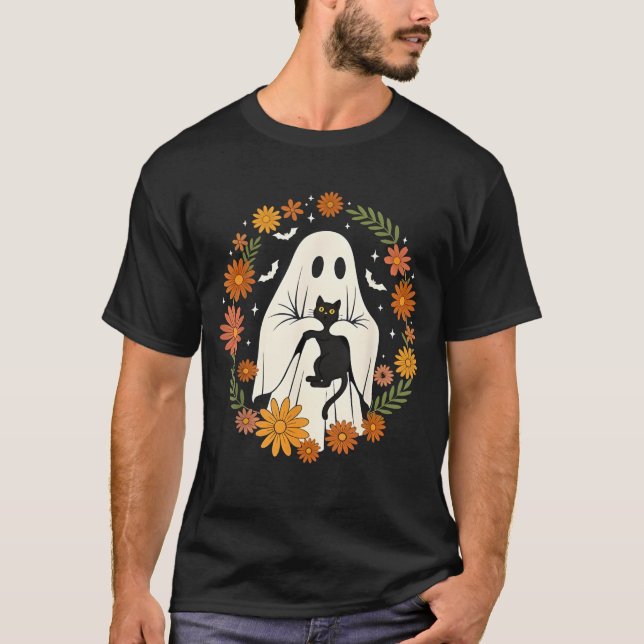 T-shirt Halloween Ghost Black Cat Cute Funny (Devant)