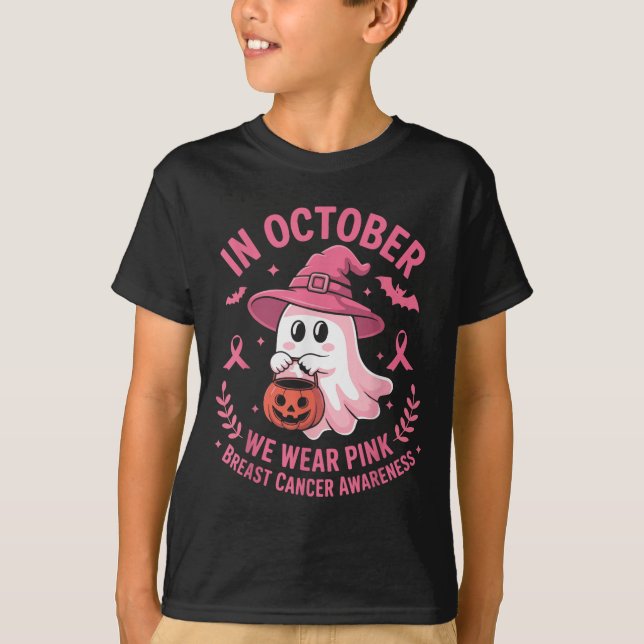 T-shirt Halloween Ghost In October We Wear Nk Breast Cance (Devant)