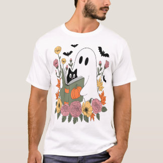 T-shirt Halloween Ghost Reading Book Cat