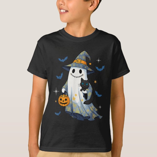 T-shirt Halloween Ghost Witch Holding Black Cat Funny Hall (Devant)