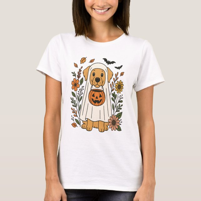 T-shirt Halloween Golden Retriever Flowers (Devant)