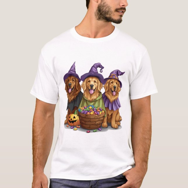 T-shirt Halloween Golden Retriever Witch Dogs (Devant)