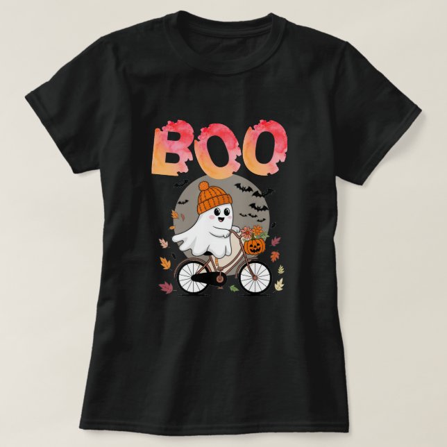 T-shirt Halloween joli joyeux fantôme sur un vélo (Design devant)