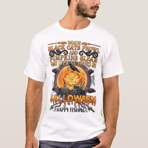 T-shirt Halloween Joyeux Pêche Chats Noirs Citrouilles Cor