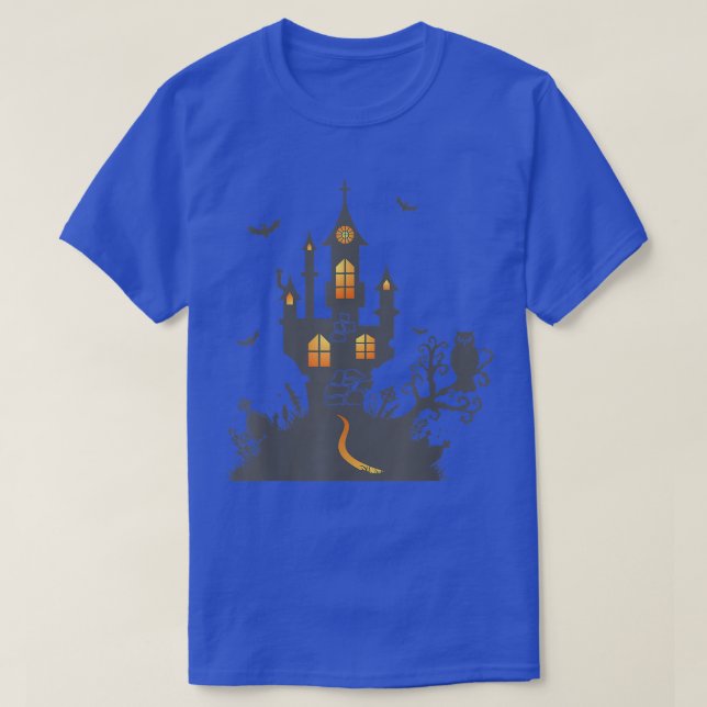 T-shirt Halloween Maison hantée avec Chouette et Graveyar (Design devant)