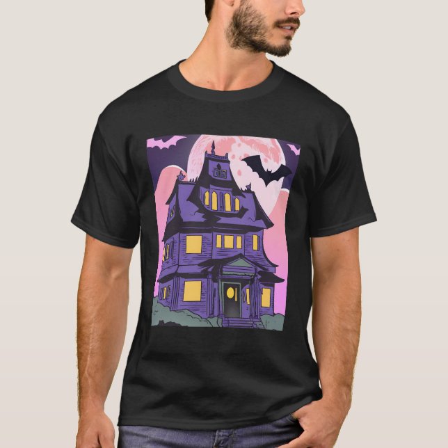 T-shirt Halloween Maison hantée chauves-souris Lune Emo Go (Devant)