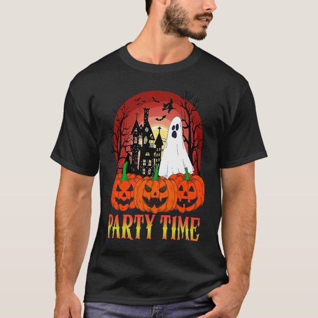 T-shirt Halloween Party Time  Ghost Pumpkin Haunted House  (Devant)