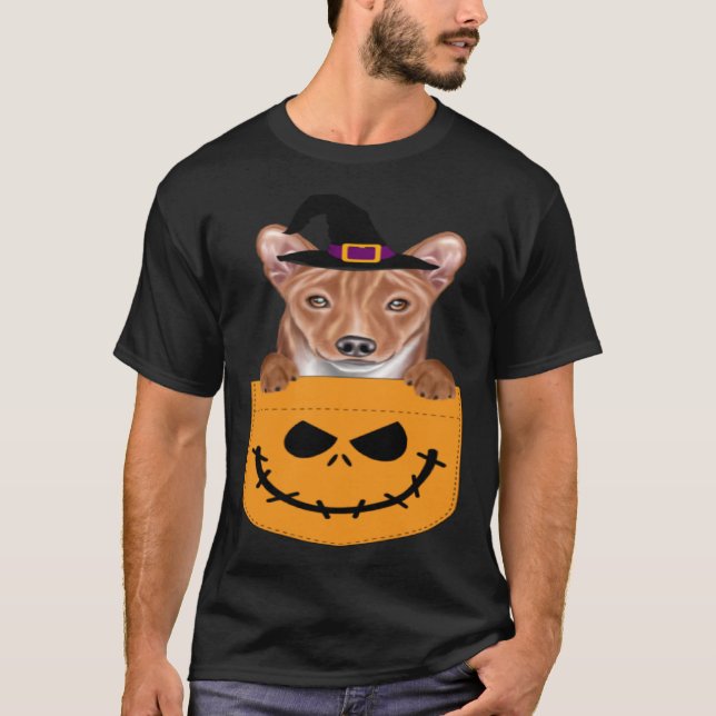 T-shirt Halloween Pocket Basenji Scary Jack O Lantern (Devant)