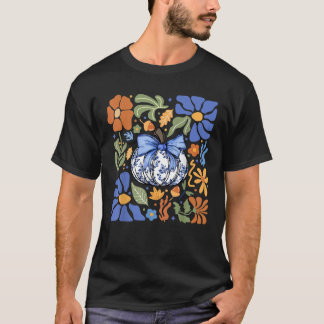 T-shirt Halloween Pumpkin Chinoiserie Blue White Florals P