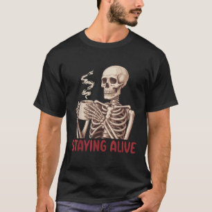 T-shirt Halloween Rester Vivant Squelette Boire Café Funn