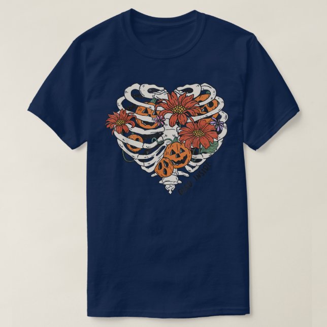 T-shirt Halloween Ribcage JackOLanterns Chrysanthemums Tre (Design devant)
