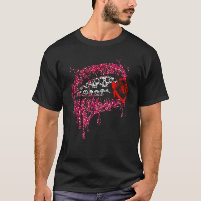 T-shirt Halloween Rose de la bouche de crâne lèvres (Devant)