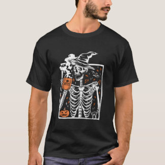 T-shirt Halloween Skeleton Drinking Coffee Smiling Skull