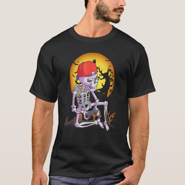 T-shirt Halloween skeleton gamer video gaming boys men kid (Devant)