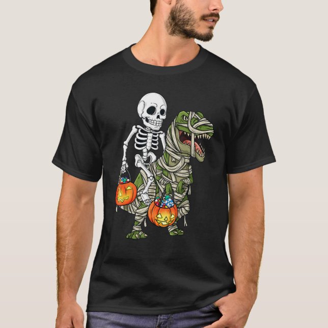 T-shirt Halloween Skeleton Riding Mummy Dinosaur Rex  Pump (Devant)