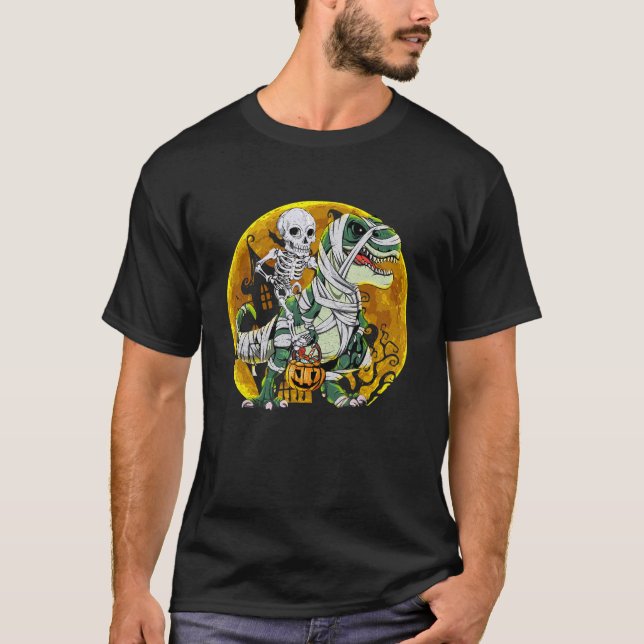 T-shirt Halloween Skeleton Riding Mummy Dinosaur rex Pumpk (Devant)